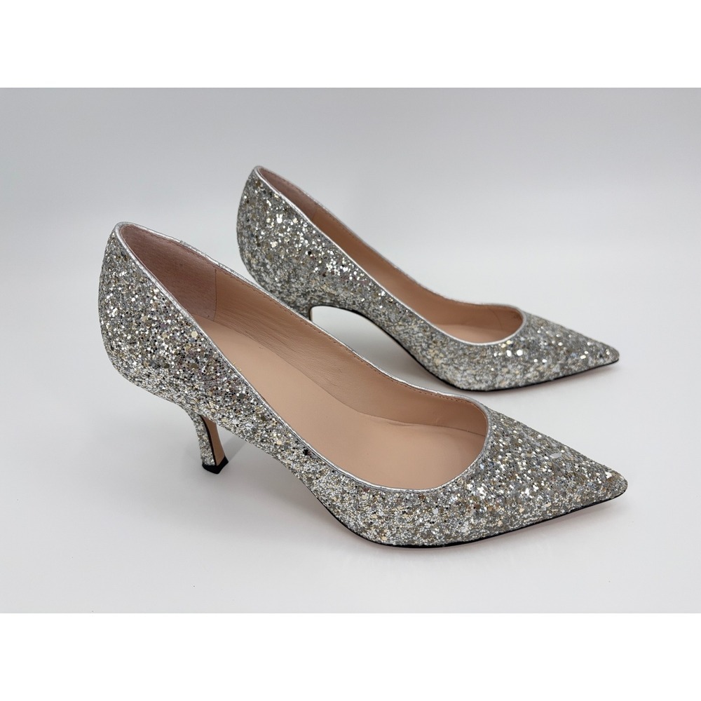 B35 Kate Spade Sonia Pumps 8 Silver Glitter Pointed Toe Kitten Heel Sparkly